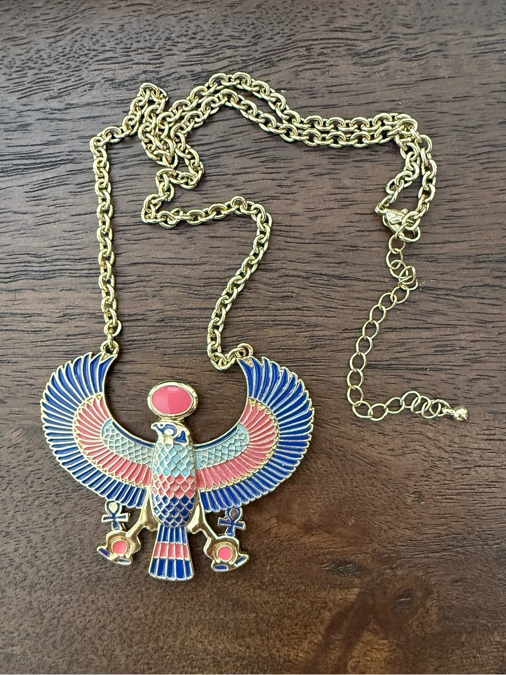 Egyptian Revival Horus Falcon red & blue enameled gold tone adjustable Necklace - Picture 7 of 7